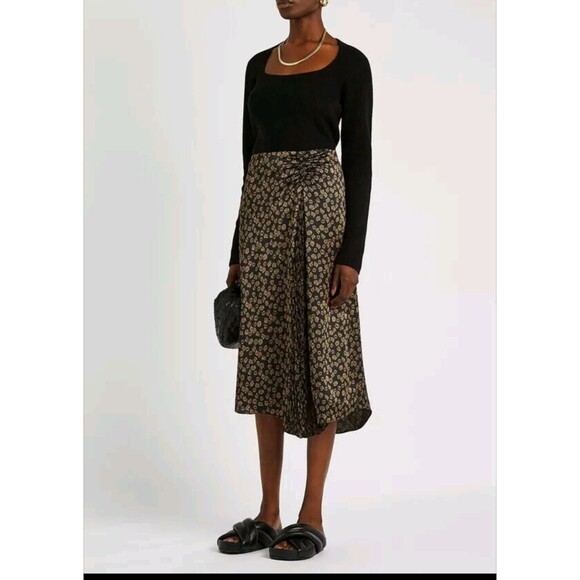 Vince Dresses & Skirts - VINCE Zinnia Floral-Print Satin Midi Ruched Pleated Detail Asymmetric Skirt 10 L